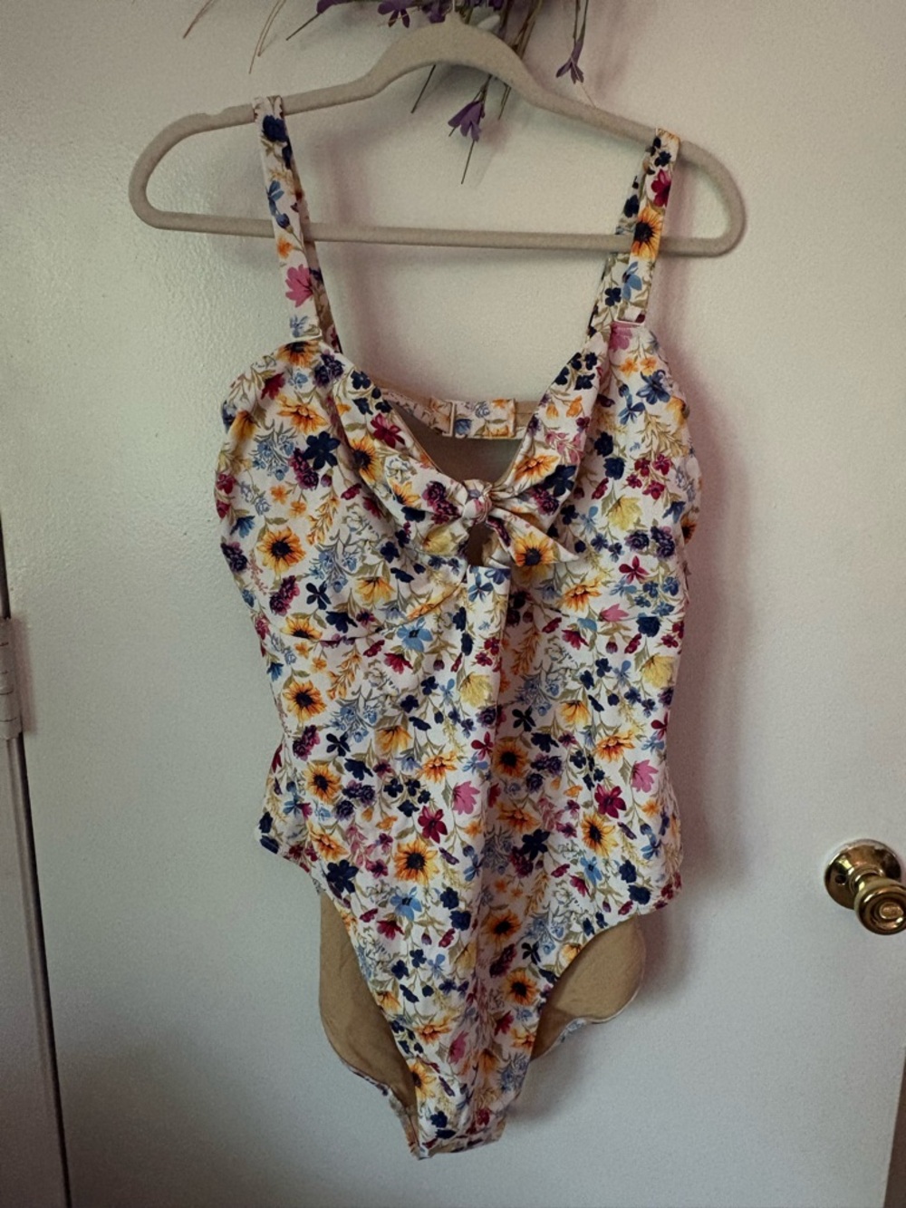 Old Navy White Floral Swimsuit with Yellow, Blue & Pink Blooms
